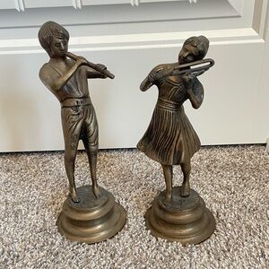 Vintage Bronze pair of Girl and Boy Statue Figurines with musical instruments